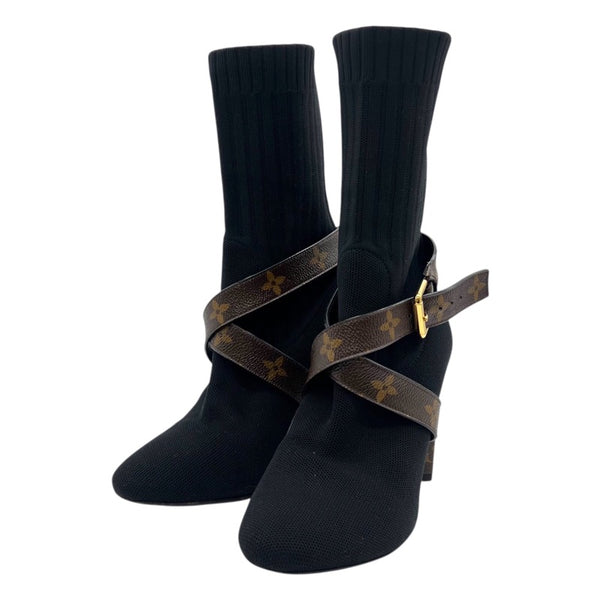 ルイ・ヴィトン LOUIS VUITTON シルエットライン モノグラムソックスブーツ 1A66FC ブラック×ブラウン ストレッチテキスタイル/モノグラムキャンバス レディース ブーツ