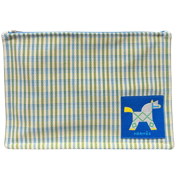 エルメス HERMES アニモ―ナッテフラッポーチGM ブルー/シルバー金具 コットン ユニセックス ポーチ