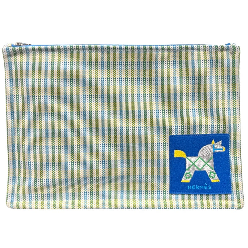エルメス HERMES アニモ―ナッテフラッポーチGM ブルー/シルバー金具 コットン ユニセックス ポーチ