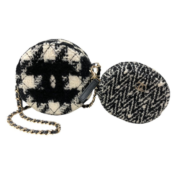 シャネル CHANEL ラウンド チェーンクラッチバッグ AP0986 28番台 千鳥柄 ブラック・ホワイト ツイード/レザー レディース ショルダーバッグ