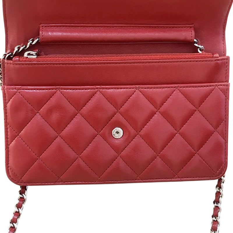 シャネル CHANEL マトラッセチェーンウォレット 14番台 A33814 レッド シルバー金具 ラム レディース ショルダーバッグ