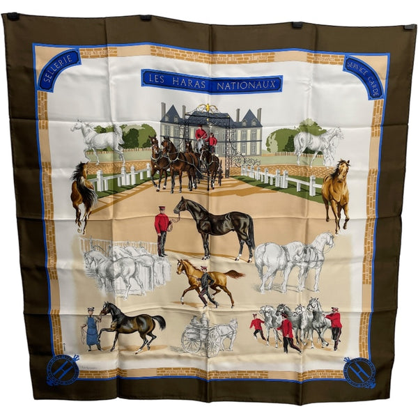 エルメス HERMES カレ90　LES HARAS NATIONAUX ブラウン シルク100％ レディース スカーフ