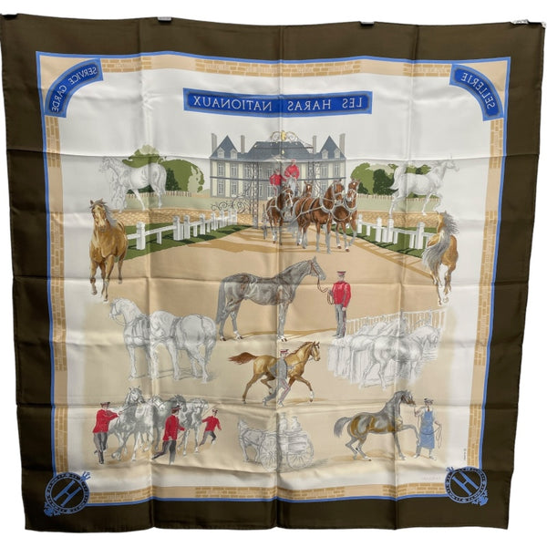 エルメス HERMES カレ90　LES HARAS NATIONAUX ブラウン シルク100％ レディース スカーフ