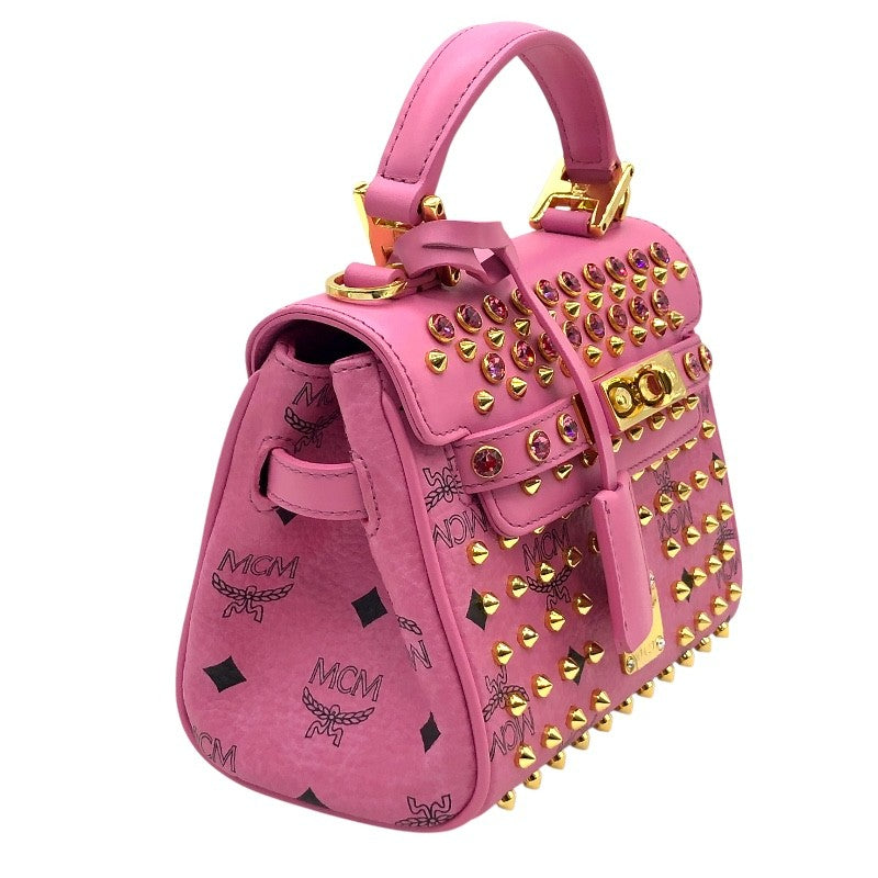 エム・シー・エム MCM ビジュー・スタッズサッチェルバッグ ピンク×GD金具 レザー・ヴィセトスキャンバス レディース ショルダーバッグ