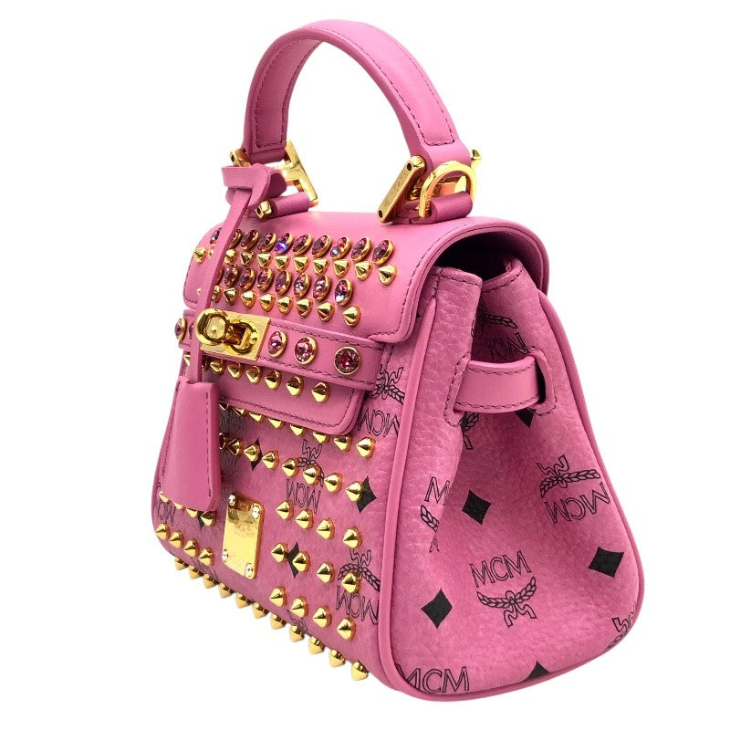 エム・シー・エム MCM ビジュー・スタッズサッチェルバッグ ピンク×GD金具 レザー・ヴィセトスキャンバス レディース ショルダーバッグ