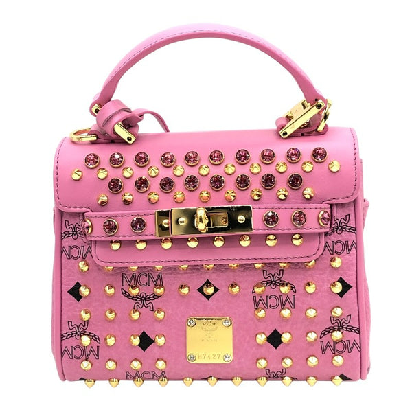 エム・シー・エム MCM ビジュー・スタッズサッチェルバッグ ピンク×GD金具 レザー・ヴィセトスキャンバス レディース ショルダーバッグ