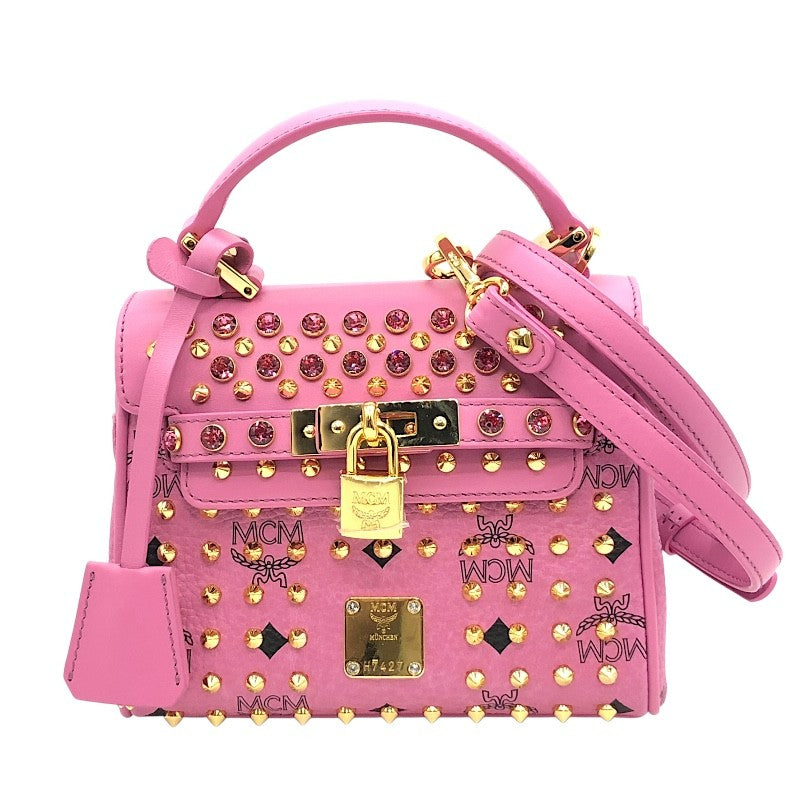 エム・シー・エム MCM ビジュー・スタッズサッチェルバッグ ピンク×GD金具 レザー・ヴィセトスキャンバス レディース ショルダーバッグ