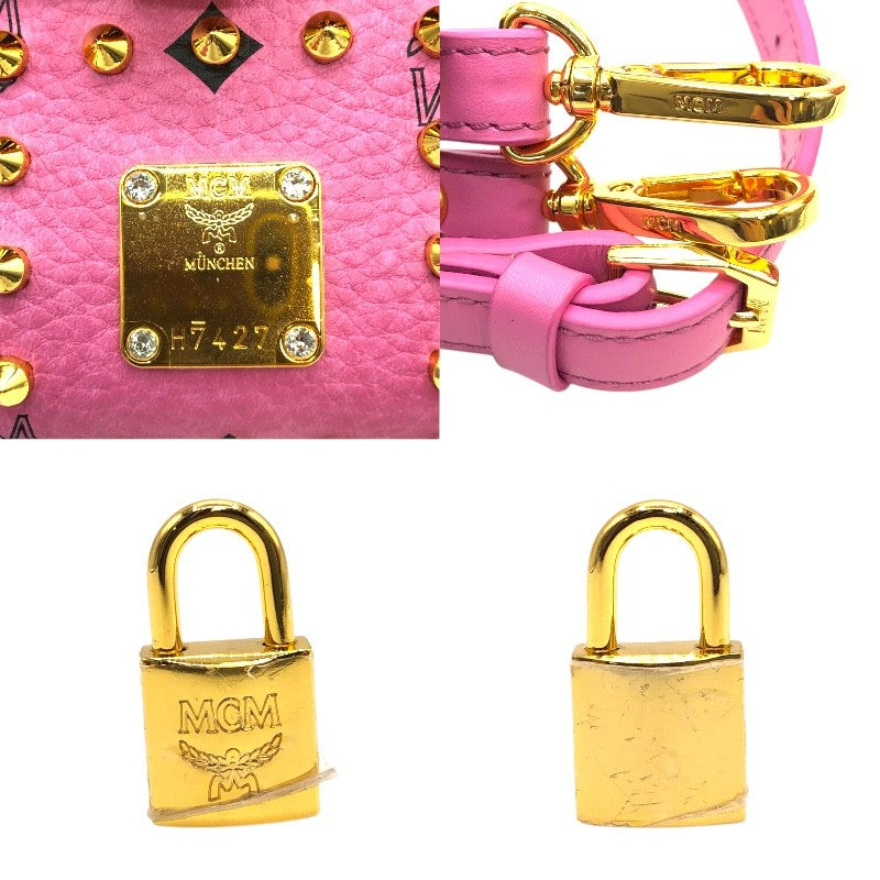 エム・シー・エム MCM ビジュー・スタッズサッチェルバッグ ピンク×GD金具 レザー・ヴィセトスキャンバス レディース ショルダーバッグ