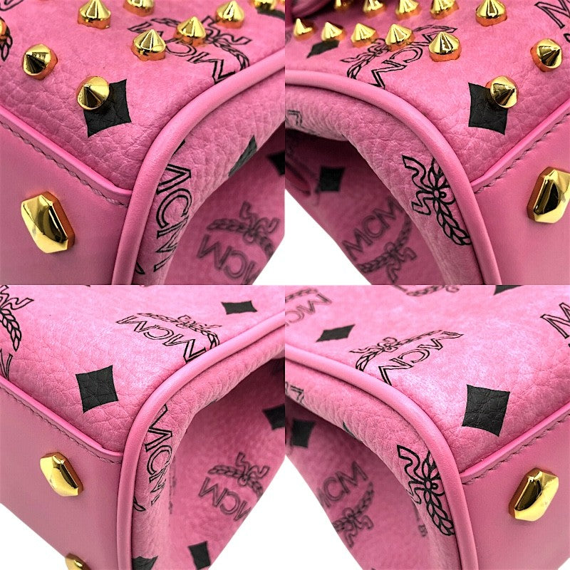 エム・シー・エム MCM ビジュー・スタッズサッチェルバッグ ピンク×GD金具 レザー・ヴィセトスキャンバス レディース ショルダーバッグ