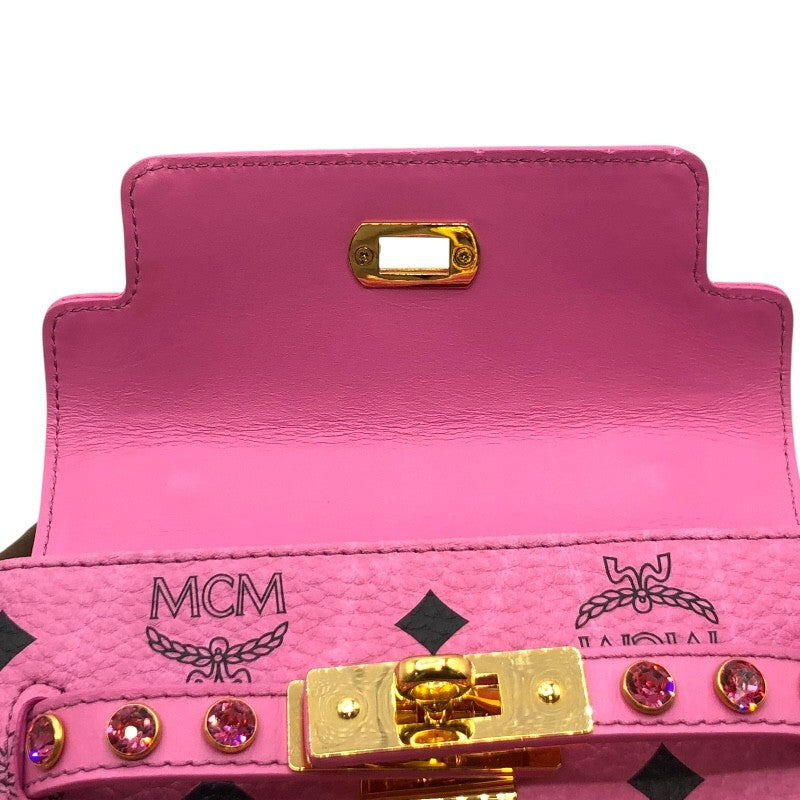 エム・シー・エム MCM ビジュー・スタッズサッチェルバッグ ピンク×GD金具 レザー・ヴィセトスキャンバス レディース ショルダーバッグ