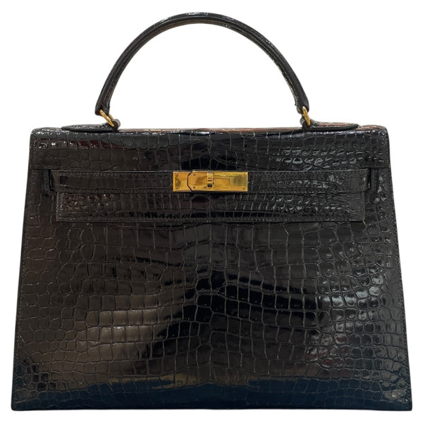 エルメス HERMES ケリー32 外縫い 〇G刻 ブラック ゴールド金具 クロコ レディース ハンドバッグ