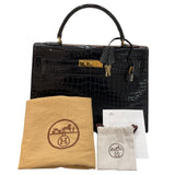 エルメス HERMES ケリー32 外縫い 〇G刻 ブラック ゴールド金具 クロコ レディース ハンドバッグ