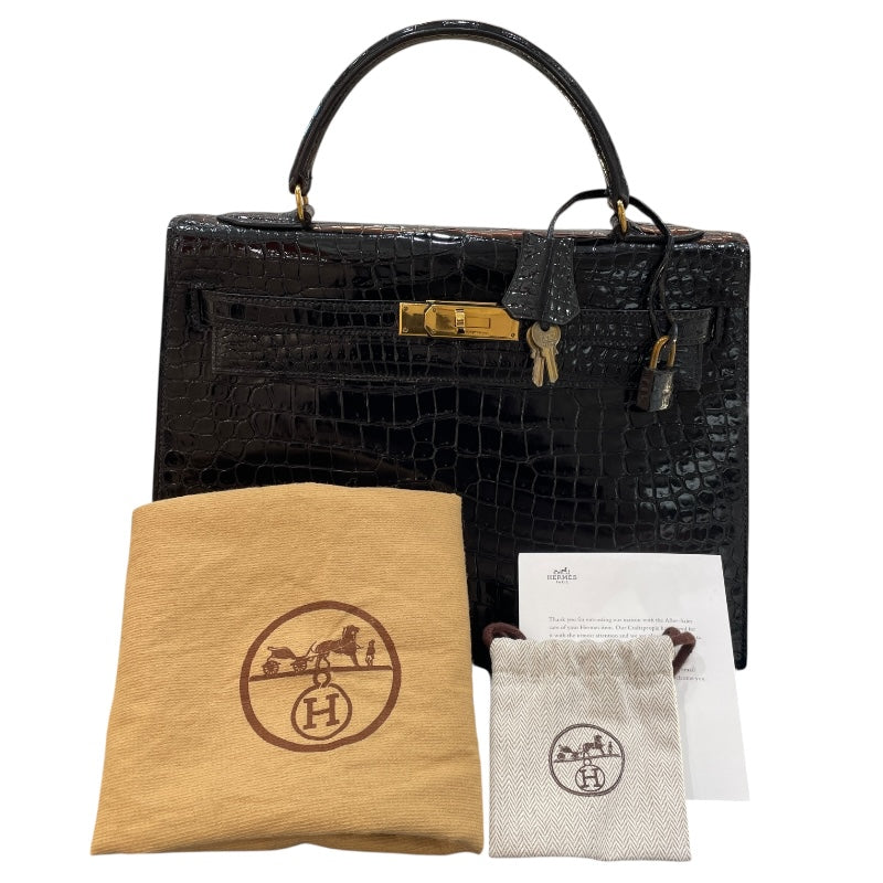エルメス HERMES ケリー32 外縫い 〇G刻 ブラック ゴールド金具 クロコ レディース ハンドバッグ