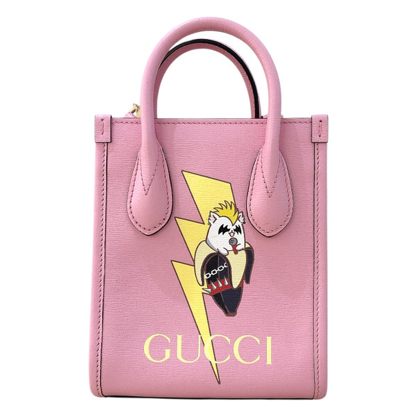 グッチ GUCCI ミニトート ばなにゃコラボ 671623 ピンク レザー レディース ショルダーバッグ