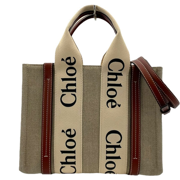 クロエ Chloe ウッディ スモールトート ホワイト ブラウン リネン/キャンバス/カーフ レディース ショルダーバッグ