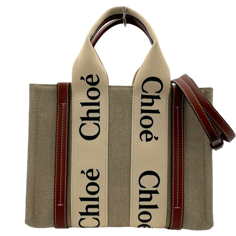 クロエ Chloe ウッディ スモールトート ホワイト ブラウン リネン/キャンバス/カーフ レディース ショルダーバッグ