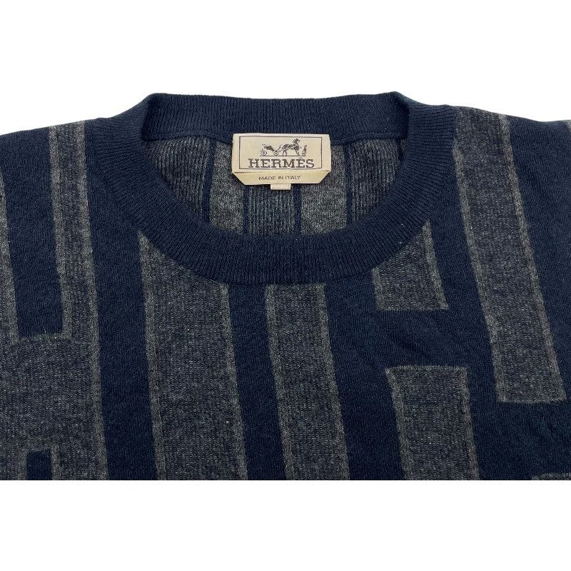 エルメス HERMES H柄長袖ニットセーター ネイビー カシミヤ メンズ セーター