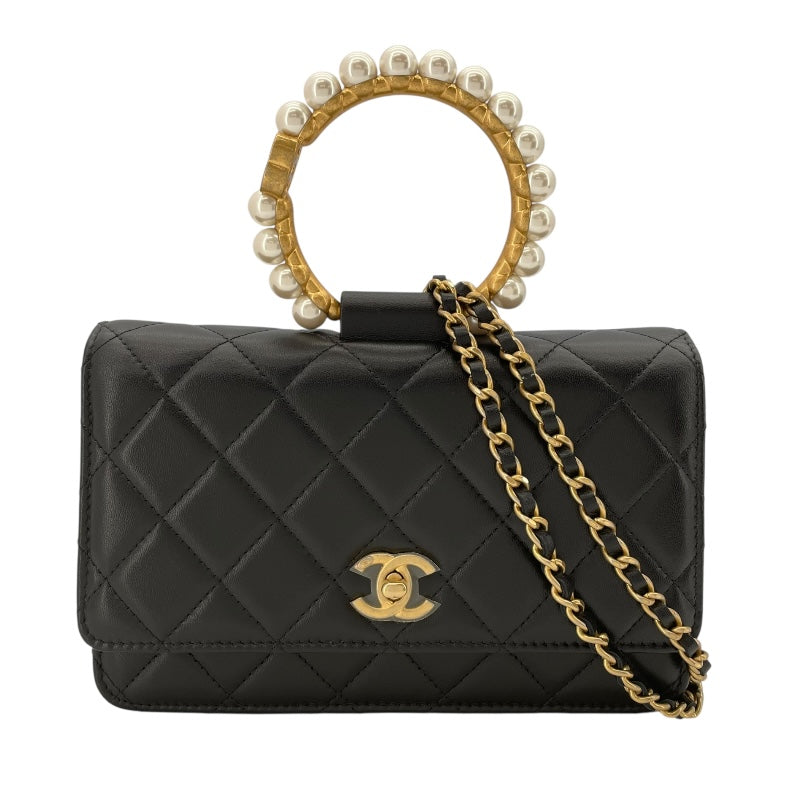 シャネル CHANEL マトラッセパールハンドルチェーンウォレット AP2272 ブラック GD金具 ラム レディース ウォレットチェーン
