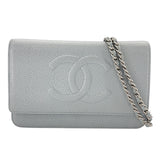 シャネル CHANEL ココマークチェーンウォレット A48654 17番台 ライトブルー SV金具 キャビアスキン レディース ウォレットチェーン