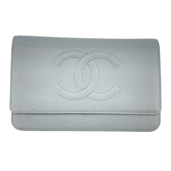 シャネル CHANEL ココマークチェーンウォレット A48654 17番台 ライトブルー SV金具 キャビアスキン レディース ウォレットチェーン