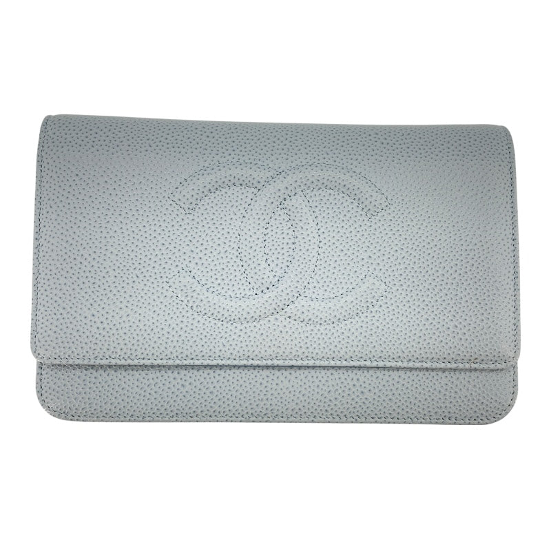 シャネル CHANEL ココマークチェーンウォレット A48654 17番台 ライトブルー SV金具 キャビアスキン レディース ウォレットチェーン