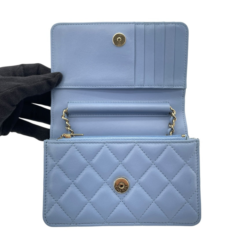 シャネル CHANEL マトラッセチェーンウォレット AP0250 30番台 ライトブルー GD金具 ラム レディース ウォレットチェーン