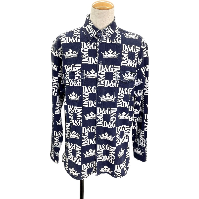 ドルチェ＆ガッバーナ Dolce & Gabbana ロゴ総柄プリント長袖シャツ G5FY4D ネイビー コットン メンズ 長袖シャツ