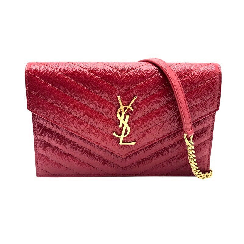 サンローラン SAINT LAURENT エンべロープ　チェーンウォレット 393953 レッド グレインレザー レディース ショルダーバッグ