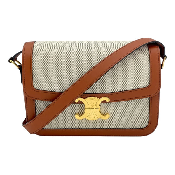 セリーヌ CELINE クラシックトリオンフバッグ 191242 ナチュラル タン GD金具 テキスタイル/カーフ レディース ショルダーバッグ