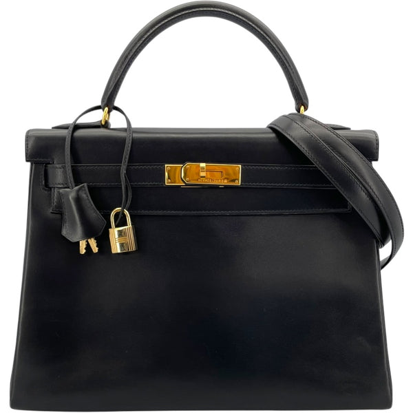 エルメス HERMES ケリー32 内縫い □A刻 ブラック GD金具 ボックスカーフ レディース ショルダーバッグ