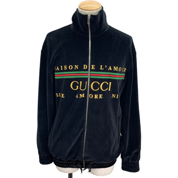 グッチ GUCCI ロゴ刺繍ベロアトラックジャケット 595533 ブラック ベロア メンズ パーカー