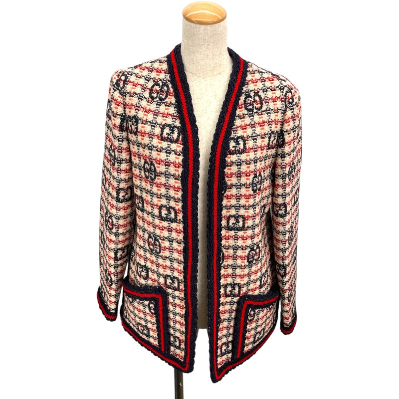 グッチ GUCCI GG総柄ノーカラーツイードジャケット 610060 マルチカラー ウール レディース ノーカラージャケット