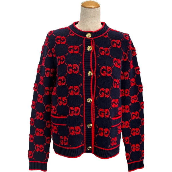 グッチ GUCCI GG総柄ノーカラーニットカーディガン 713300 ネイビー/レッド ウール レディース カーディガン