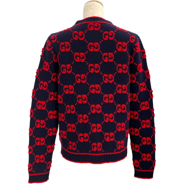 グッチ GUCCI GG総柄ノーカラーニットカーディガン 713300 ネイビー/レッド ウール レディース カーディガン