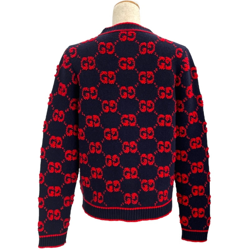 グッチ GUCCI GG総柄ノーカラーニットカーディガン 713300 ネイビー/レッド ウール レディース カーディガン