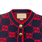 グッチ GUCCI GG総柄ノーカラーニットカーディガン 713300 ネイビー/レッド ウール レディース カーディガン