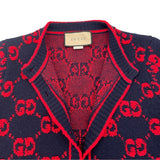 グッチ GUCCI GG総柄ノーカラーニットカーディガン 713300 ネイビー/レッド ウール レディース カーディガン