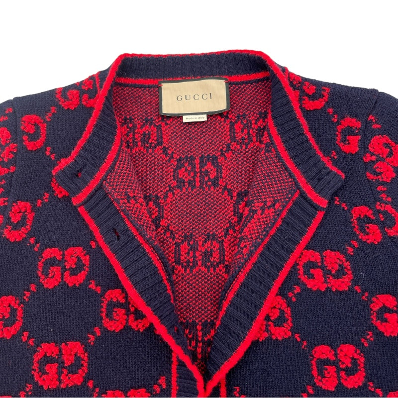 グッチ GUCCI GG総柄ノーカラーニットカーディガン 713300 ネイビー/レッド ウール レディース カーディガン