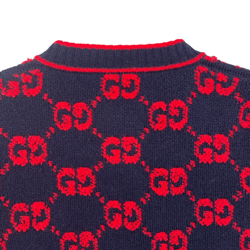 グッチ GUCCI GG総柄ノーカラーニットカーディガン 713300 ネイビー/レッド ウール レディース カーディガン