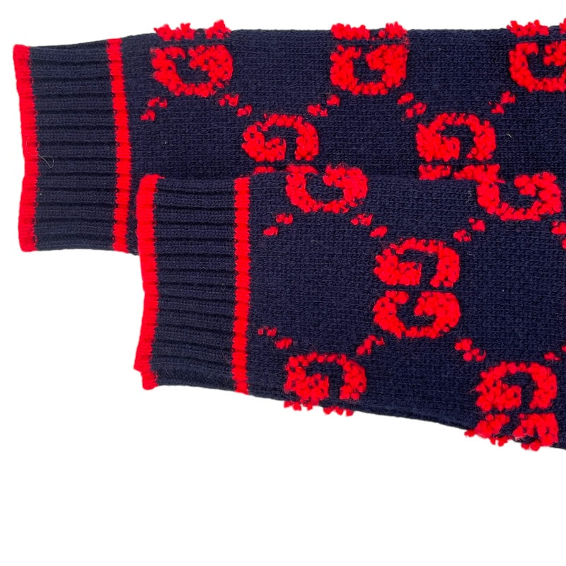 グッチ GUCCI GG総柄ノーカラーニットカーディガン 713300 ネイビー/レッド ウール レディース カーディガン