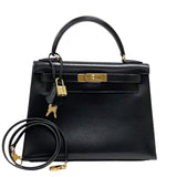 エルメス HERMES ケリー28 外縫い 〇Y刻 ブラック ゴールド金具 ボックスカーフ レディース ハンドバッグ ショルダーバッグ