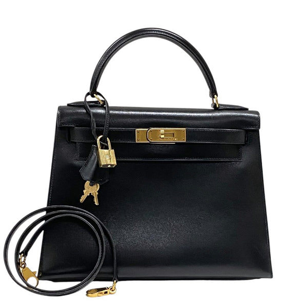 エルメス HERMES ケリー28 外縫い 〇Y刻 ブラック ゴールド金具 ボックスカーフ レディース ハンドバッグ ショルダーバッグ