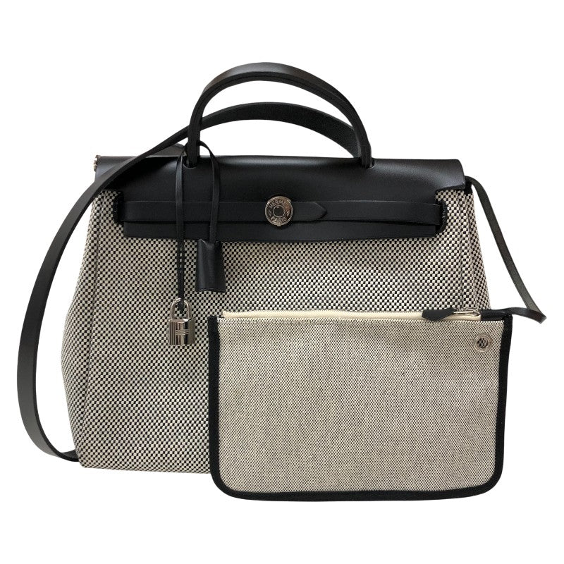 エルメス HERMES エールバッグジップPM U刻 アイボリー・ブラック シルバー金具 トワル/ハンター レディース ショルダーバッグ