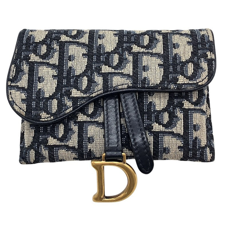 クリスチャン・ディオール Christian Dior サドルチェーンカードホルダー ネイビー×GD金具 オブリークジャガード レディース ショルダーバッグ