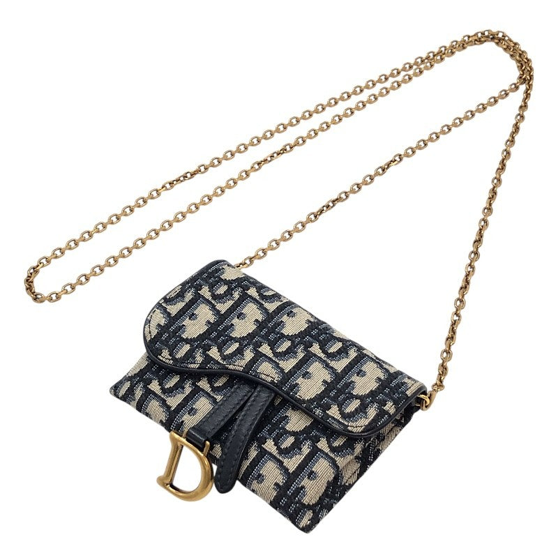 クリスチャン・ディオール Christian Dior サドルチェーンカードホルダー ネイビー×GD金具 オブリークジャガード レディース ショルダーバッグ