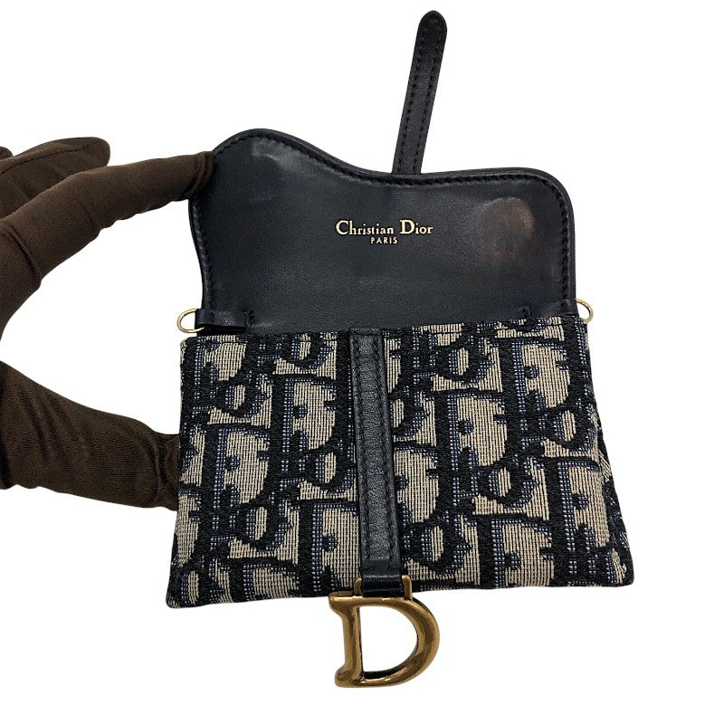 クリスチャン・ディオール Christian Dior サドルチェーンカードホルダー ネイビー×GD金具 オブリークジャガード レディース ショルダーバッグ