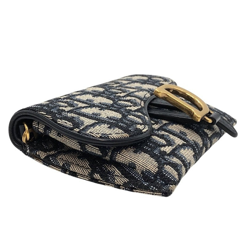 クリスチャン・ディオール Christian Dior サドルチェーンカードホルダー ネイビー×GD金具 オブリークジャガード レディース ショルダーバッグ