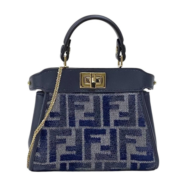 フェンディ FENDI ピーカブー ナノ 7AS294 ネイビー ゴールド金具 ジャガード レザー レディース ハンドバッグ ショルダーバッグ