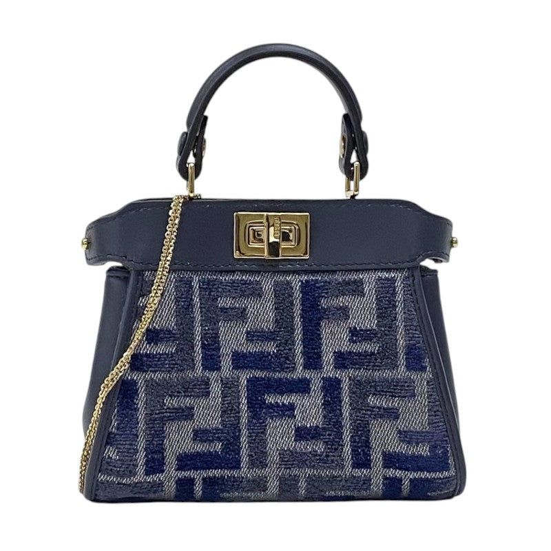 フェンディ FENDI ピーカブー ナノ 7AS294 ネイビー ゴールド金具 ジャガード レザー レディース ハンドバッグ ショルダーバッグ