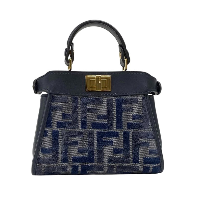 フェンディ FENDI ピーカブー ナノ 7AS294 ネイビー ゴールド金具 ジャガード レザー レディース ハンドバッグ ショルダーバッグ